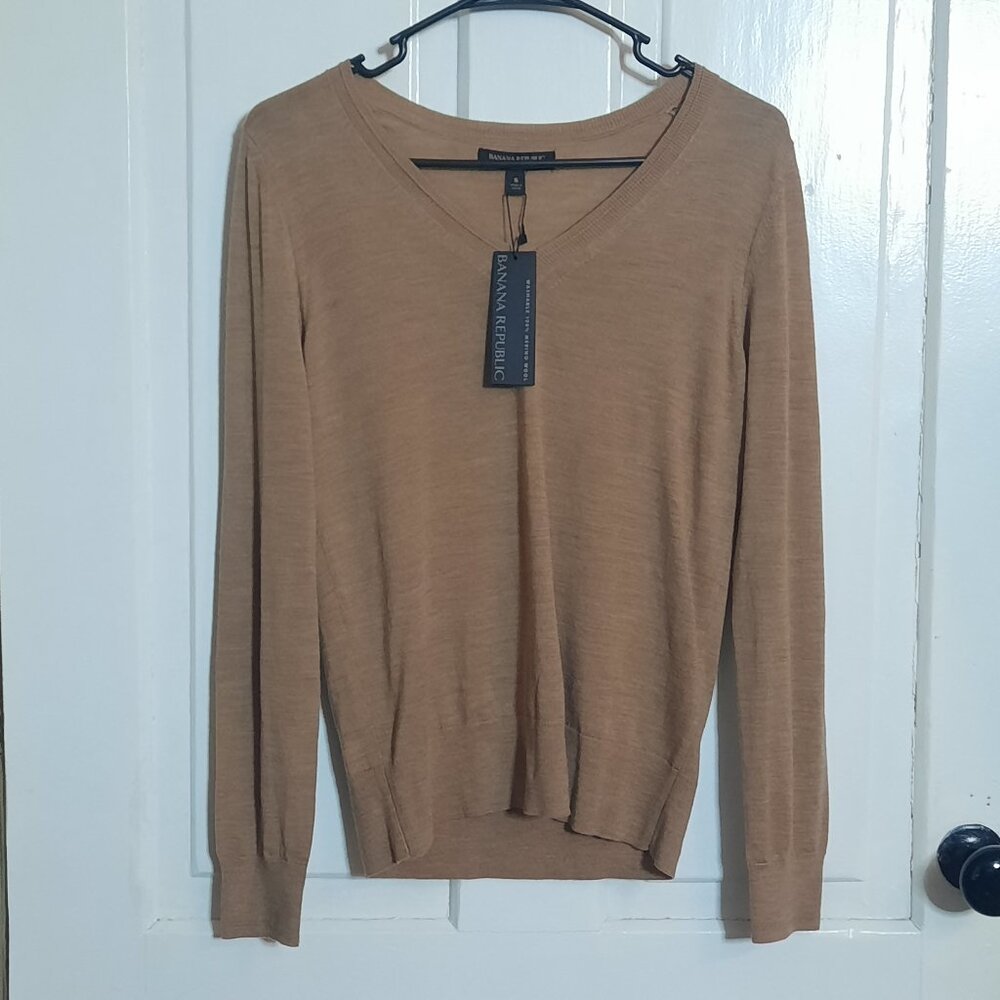NWT Extra Fine Merino Wool Washable V Neck Caramel Brown Pullover Sweater Small - Picture 2 of 16
